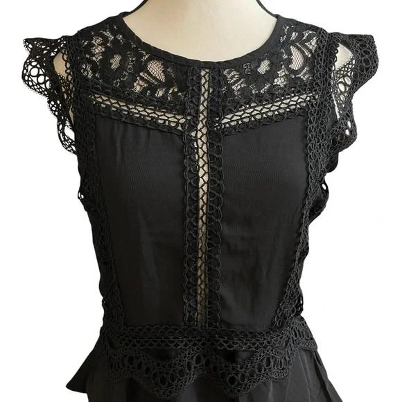 Haute Monde Black Flare Fit Lace Crochet Embroidered Peplum Blouse - Picture 2 of 11